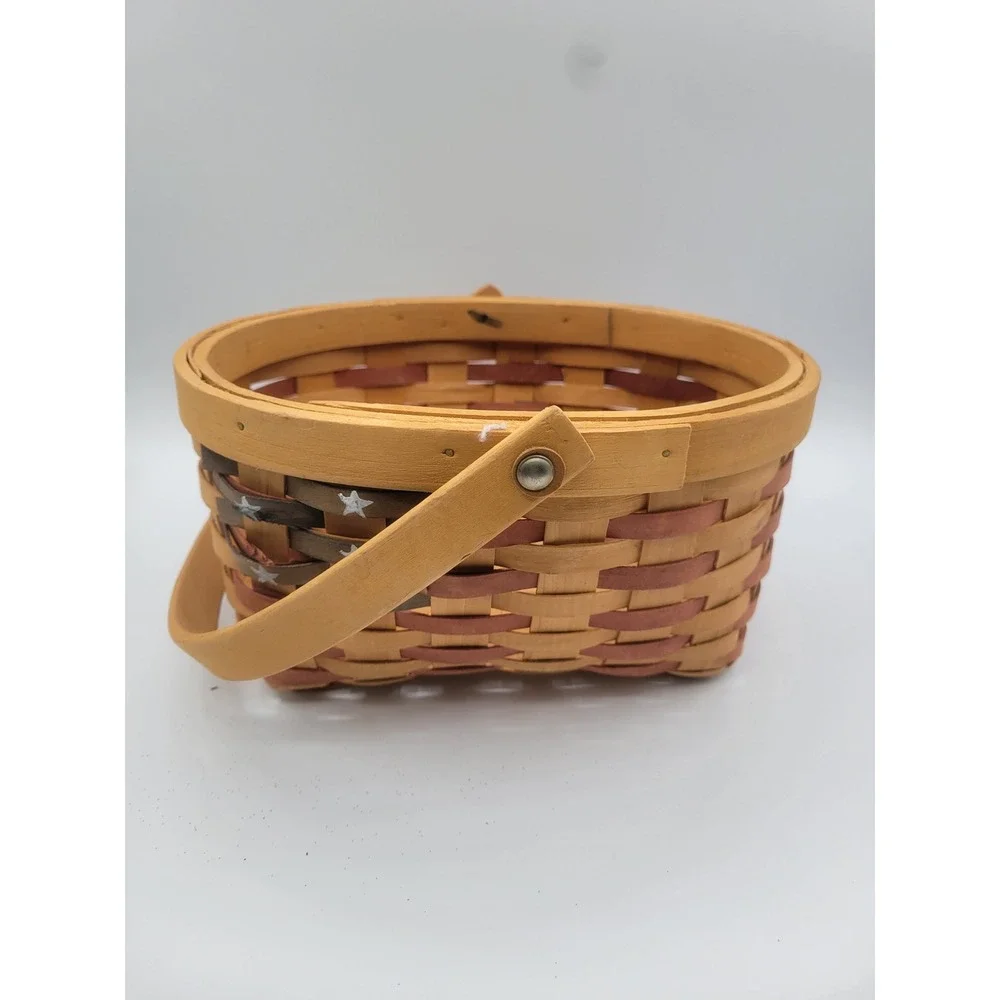 Patriotic Woven Wood Basket American Flag Stars Swing Handle Primitive Decor